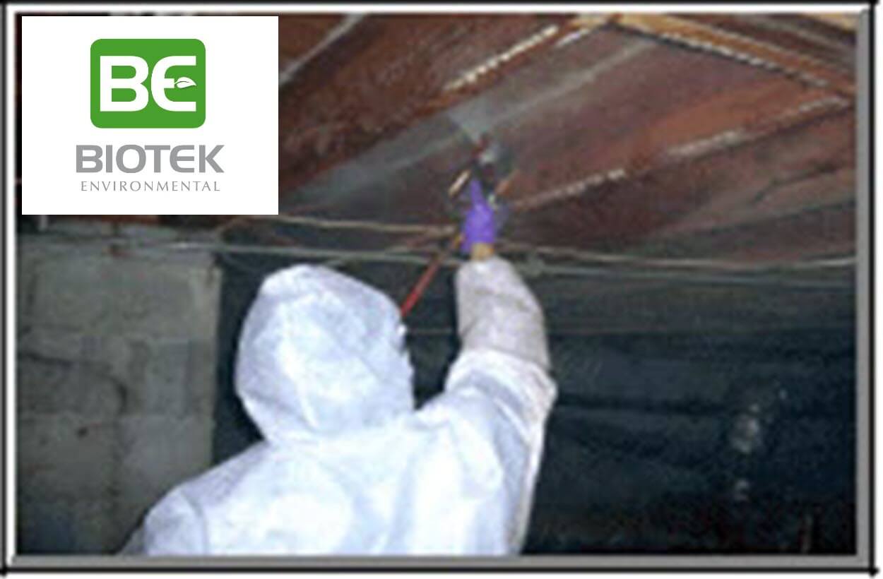 Member of Biotek's Remediation crew spraying mold infested floor
