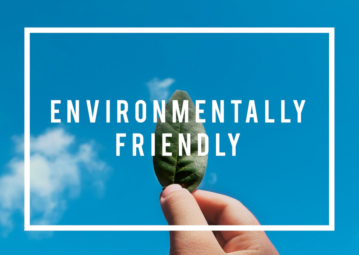 a green leaf held by two fingers and the slogan "environmentally friendly" promoting non-toxic mold removal