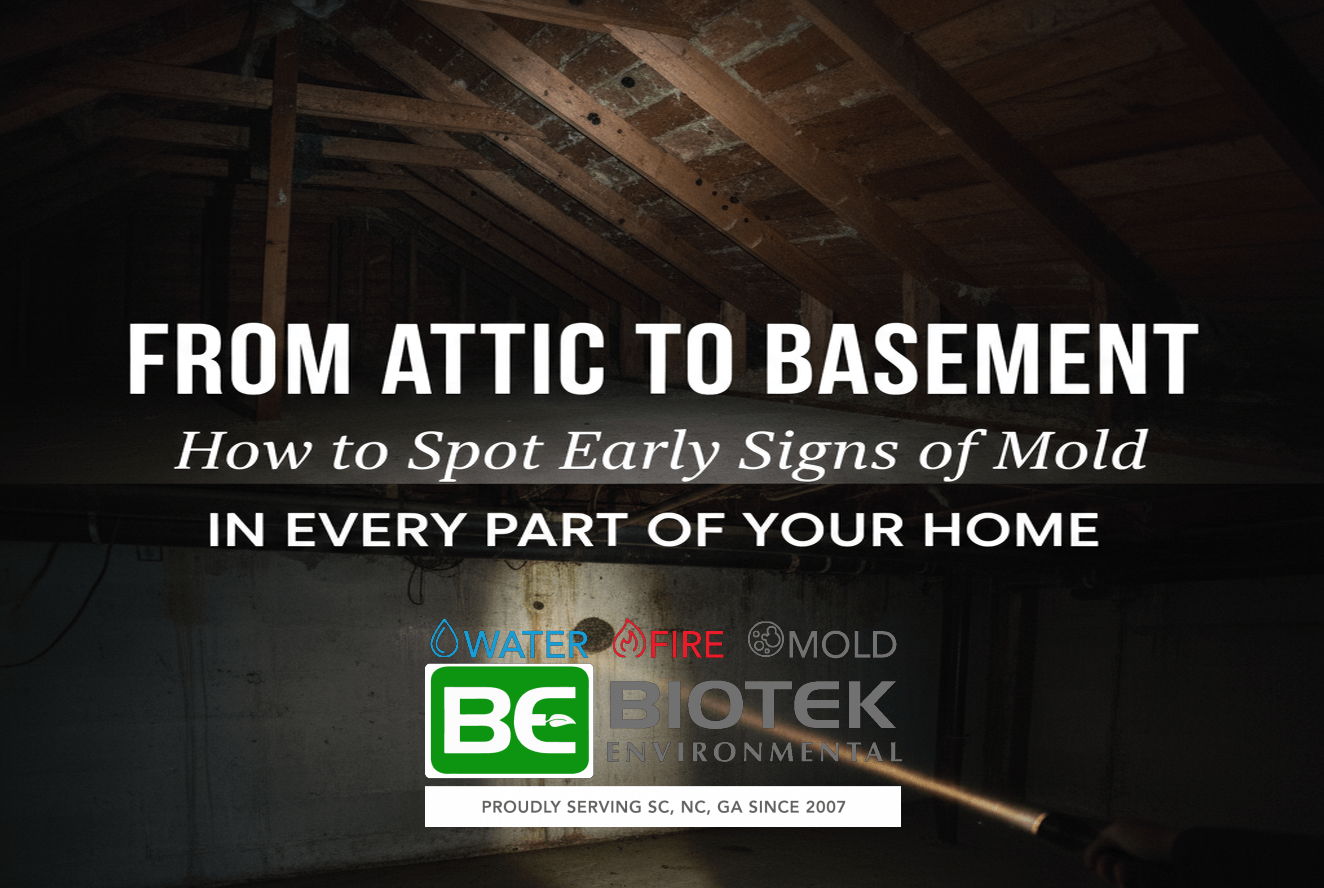 a title blog showing an attic and basement and the title of the blog "From Attic to Basement - How to Spot Early Signs of Mold in Your Home"