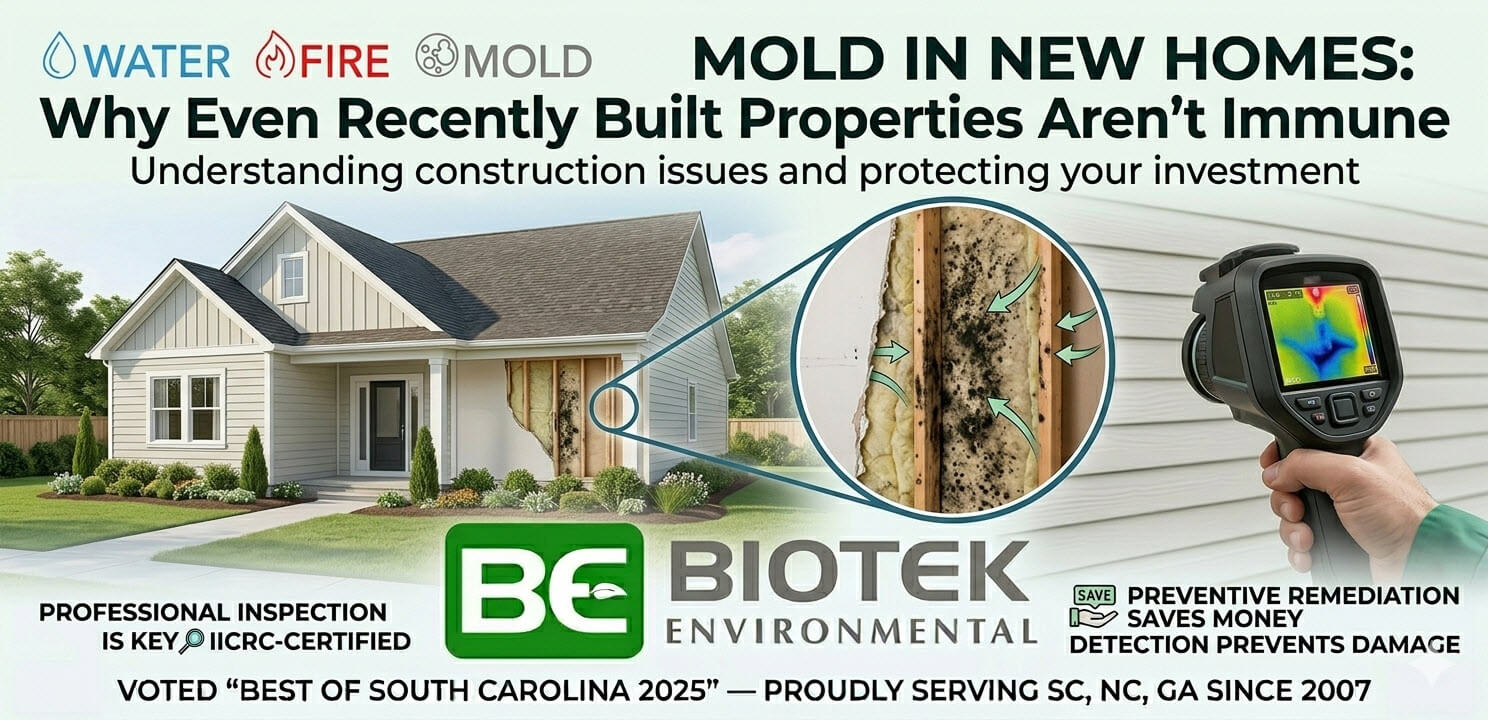 New home exterior with hidden mold visible behind drywall inset — illustrating that mold can affect recently built properties