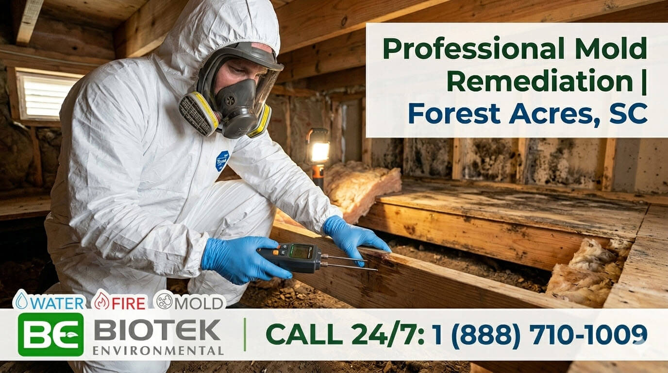 A professional environmental services technician in full protective gear including a respirator and Tyvek suit utilizes a moisture meter on wooden framing within a crawl space or attic to detect mold and moisture.